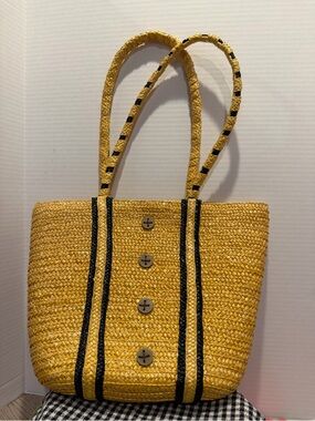 Vintage Straw Bag 12x15 Yellow, Black, Lined With One Pocket Wooden Buttons